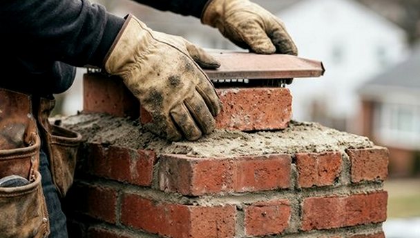 New brick courses laid true at the stack shoulders